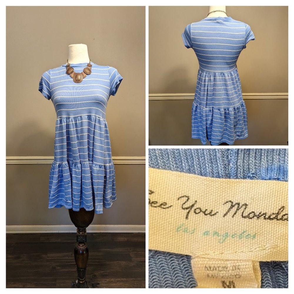 Junior's Size M See You Monday Blue White Ruffle Mini Dress.